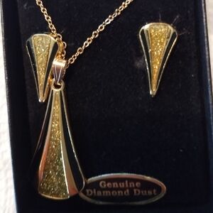 Vintage Genuine Diamond Dust Necklace and Clip Earrings Gold Tone